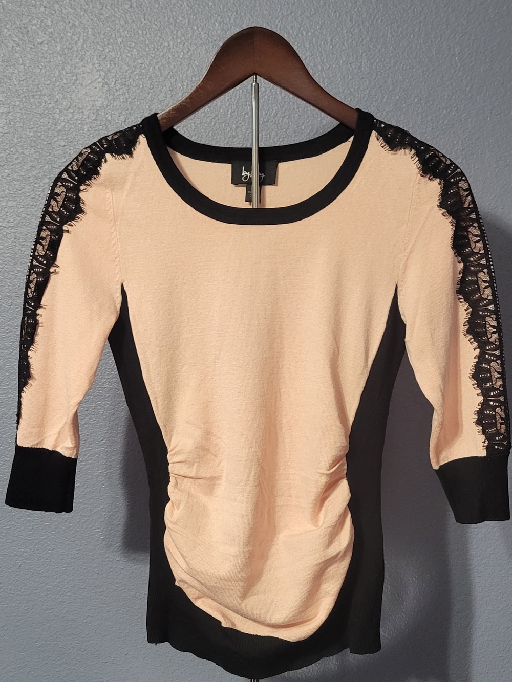 by & by Peach Top with Black Lace Sleeves